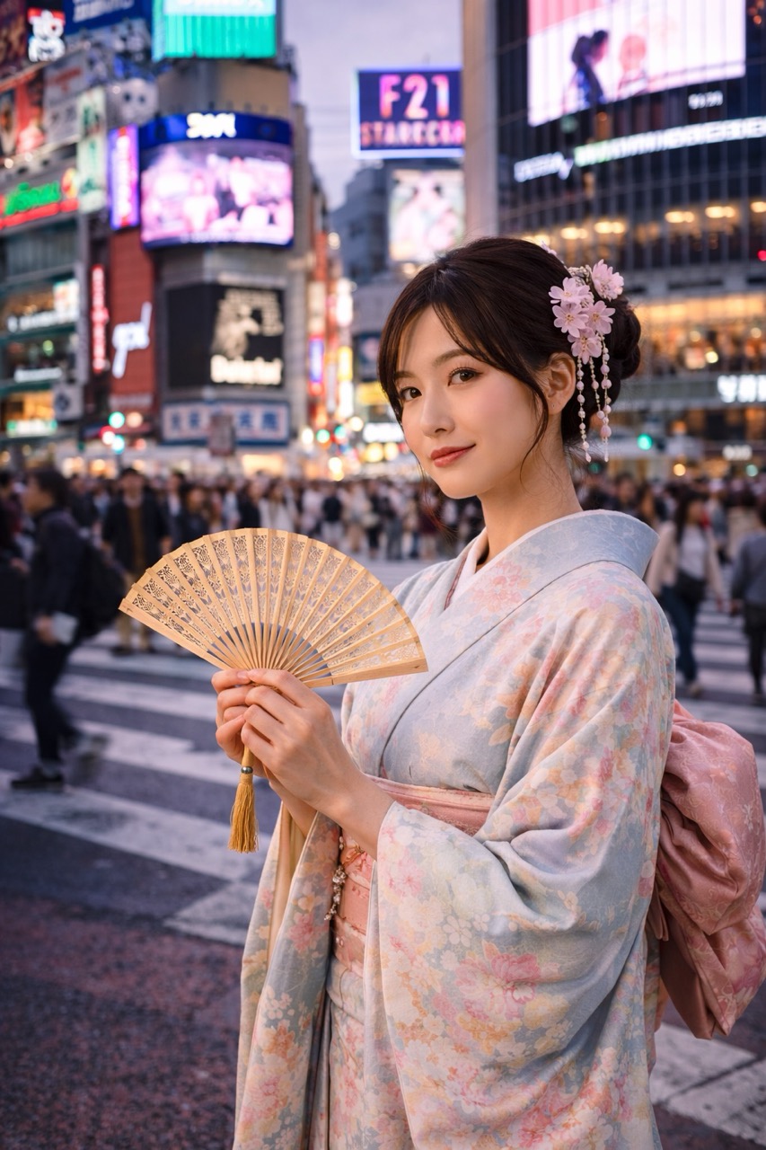 Aiko in a pale kimono holding a hand fan in a busy Japanese city scene